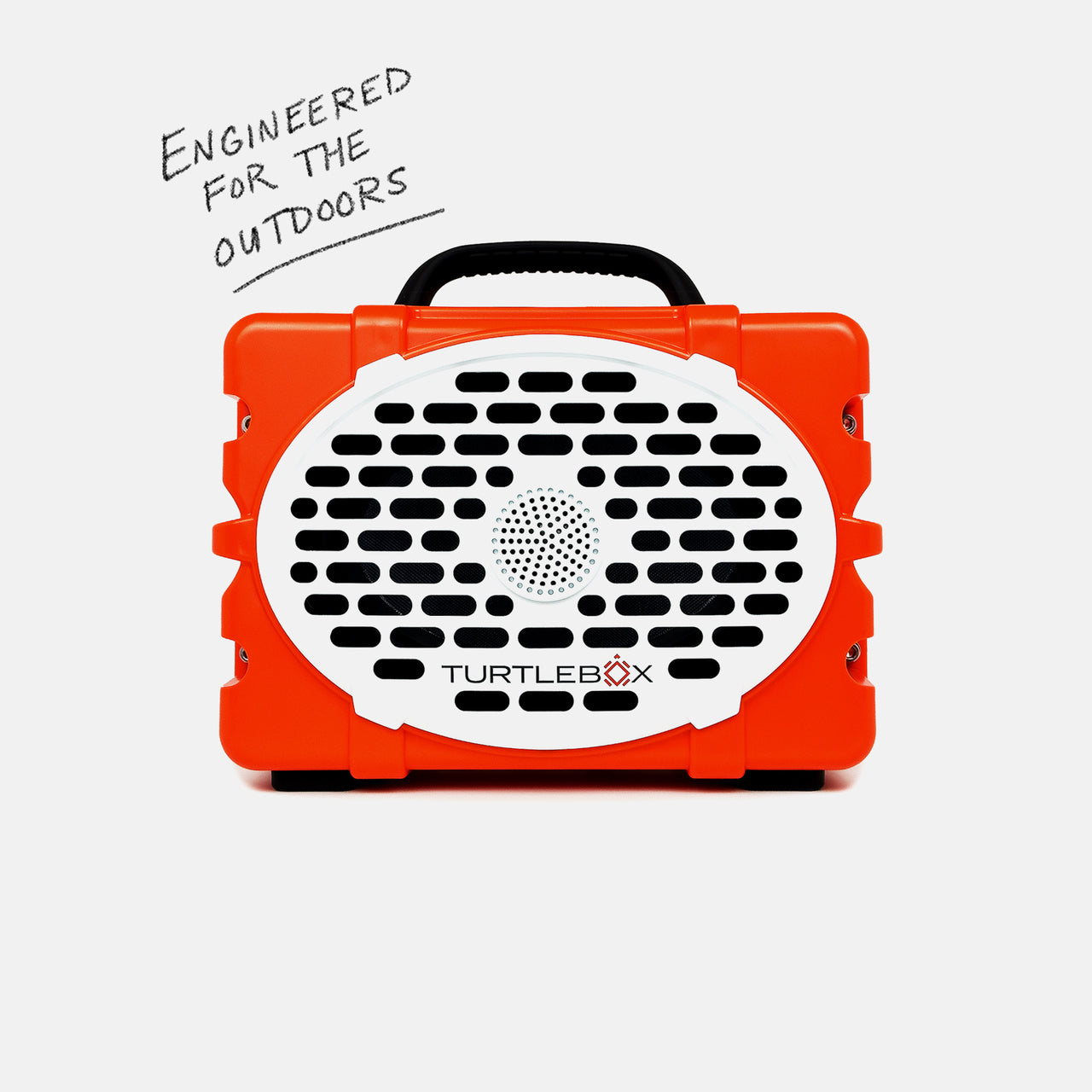 Turtlebox Original speaker in orange front view with a label saying Engineered for the Outdoors #speaker-color_orange