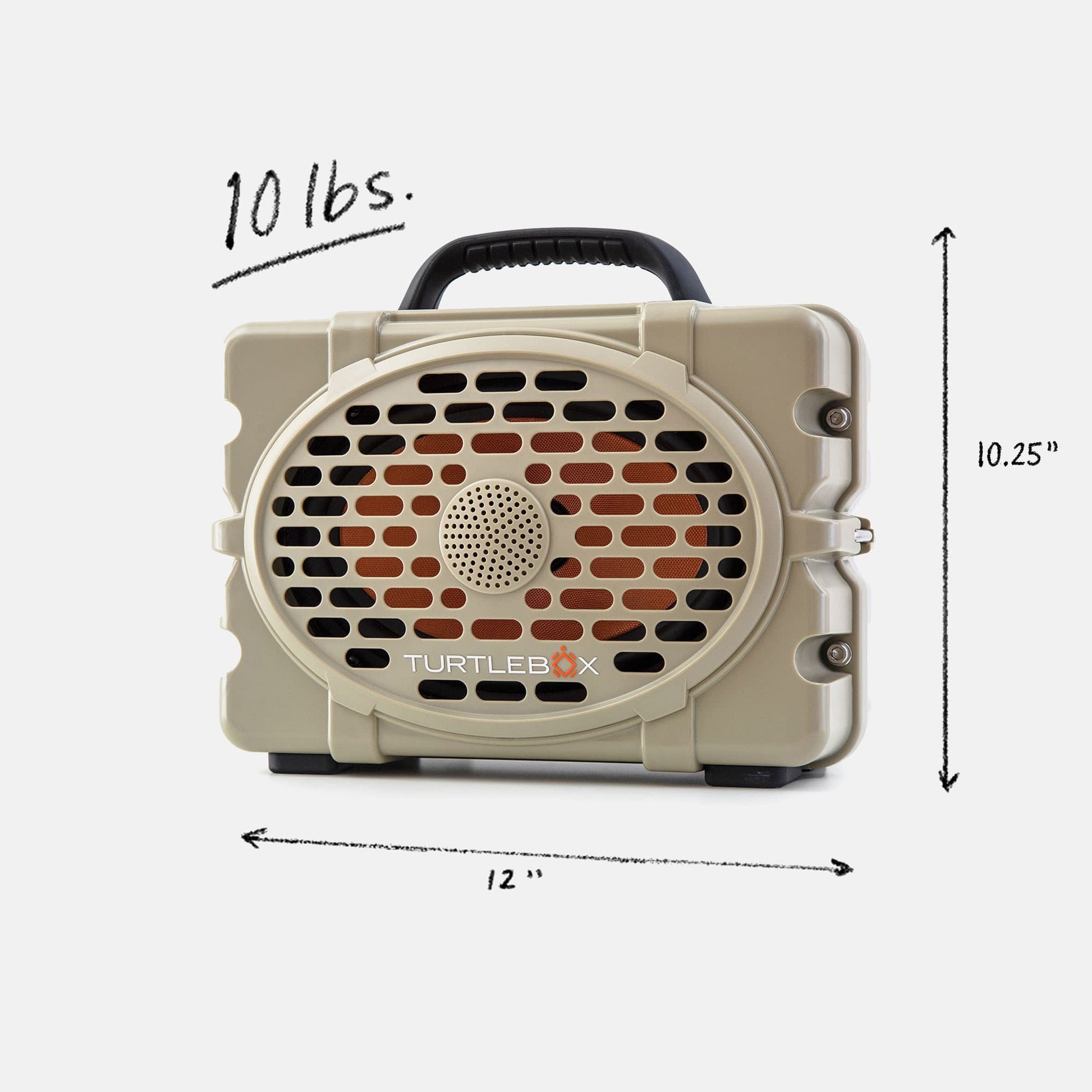 Tan speaker front with measures information, 10lbs, 12 by 8.75 inches #speaker-color_tan