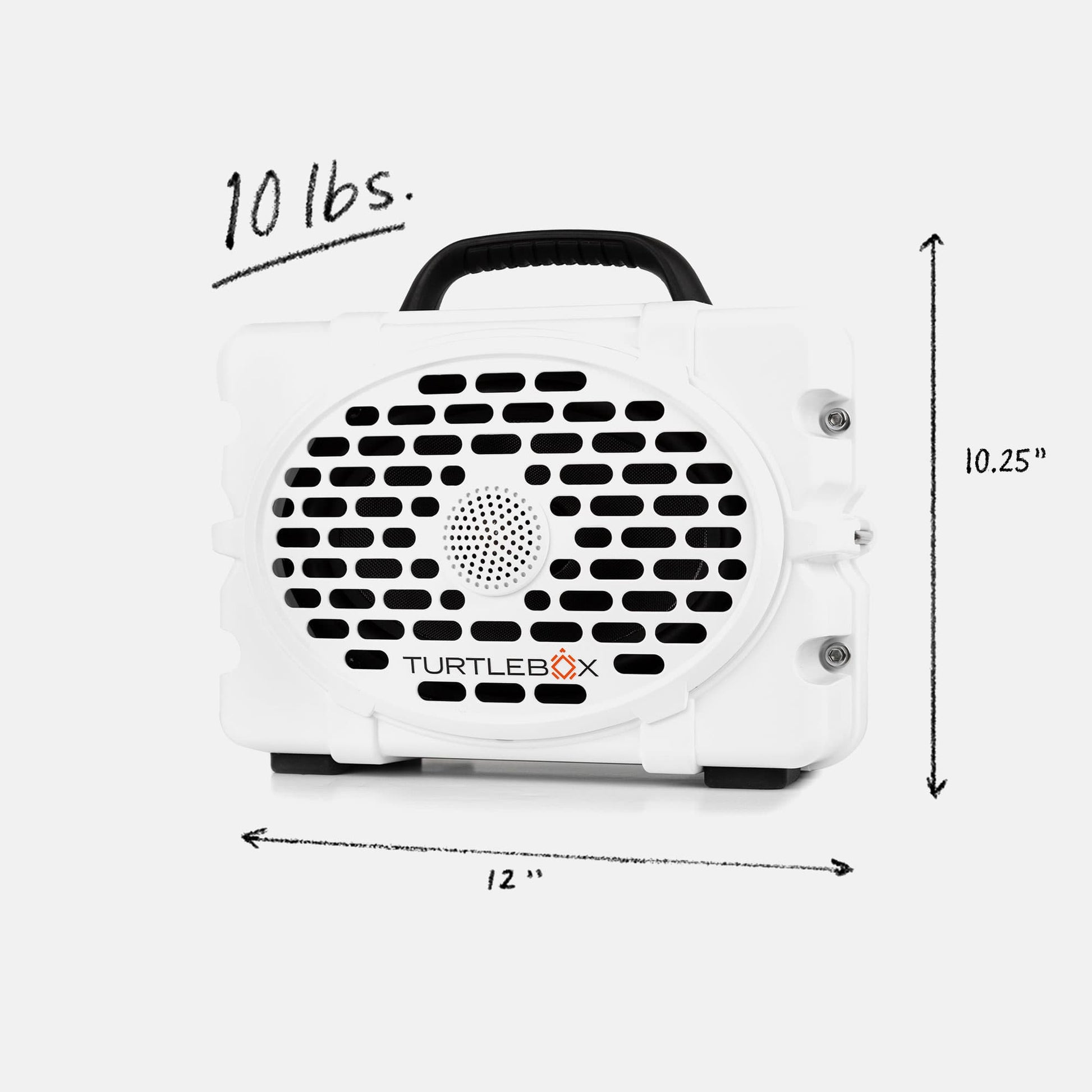 White speaker front with measures information, 10lbs, 12 by 8.75 inches #speaker-color_white