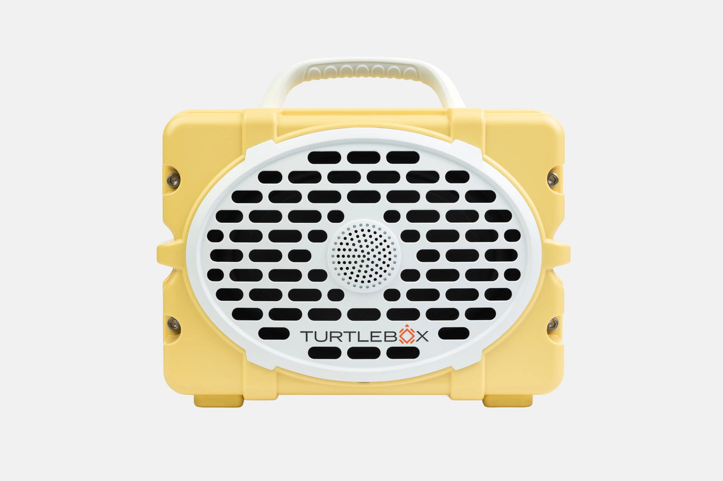 Yellow portable speaker with 'Turtlebox' branding on a white background no-gallery