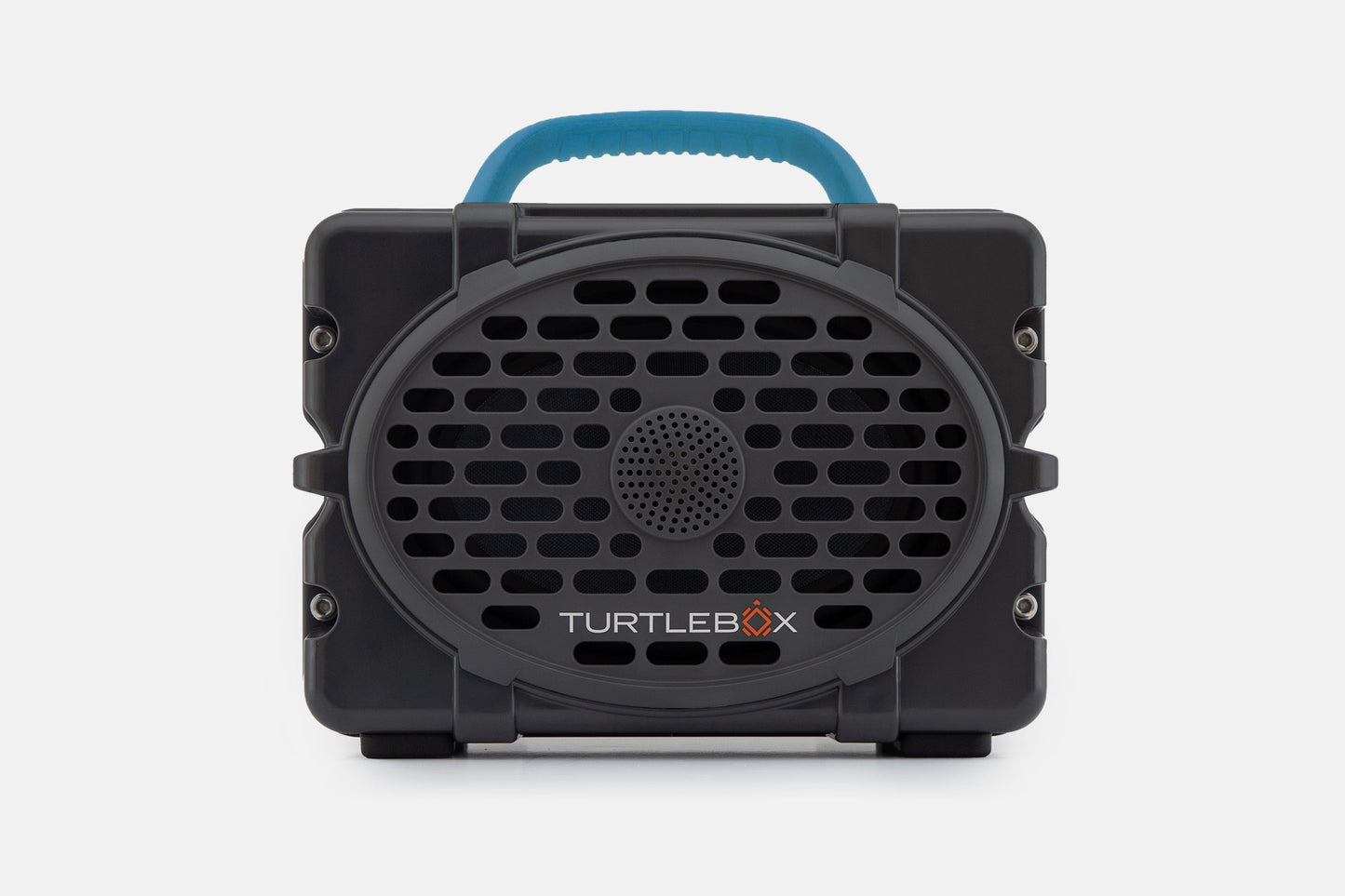 Turtlebox Original speaker in gray with blue handle no-gallery