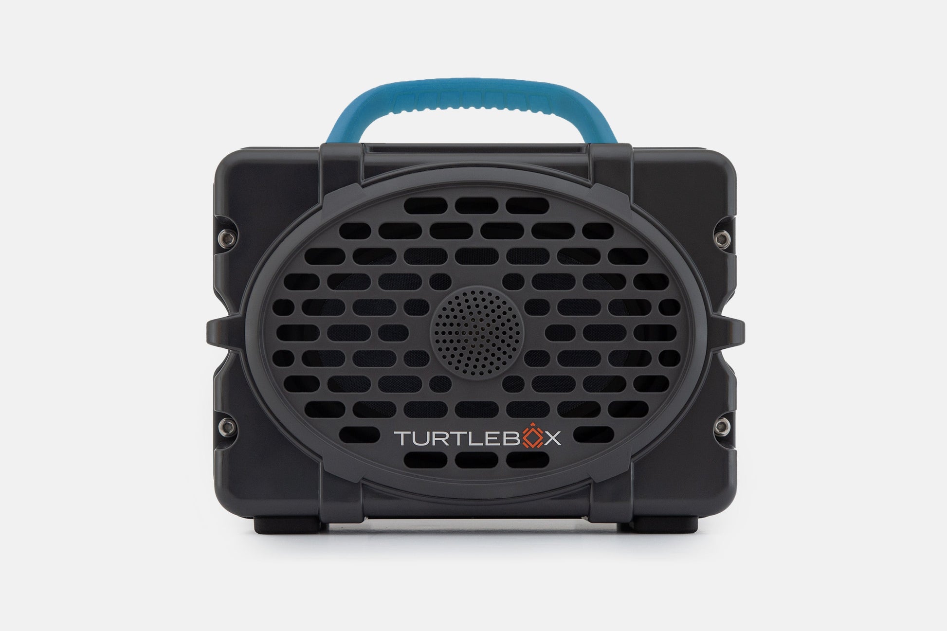 Turtlebox Original speaker in gray with blue handle no-gallery