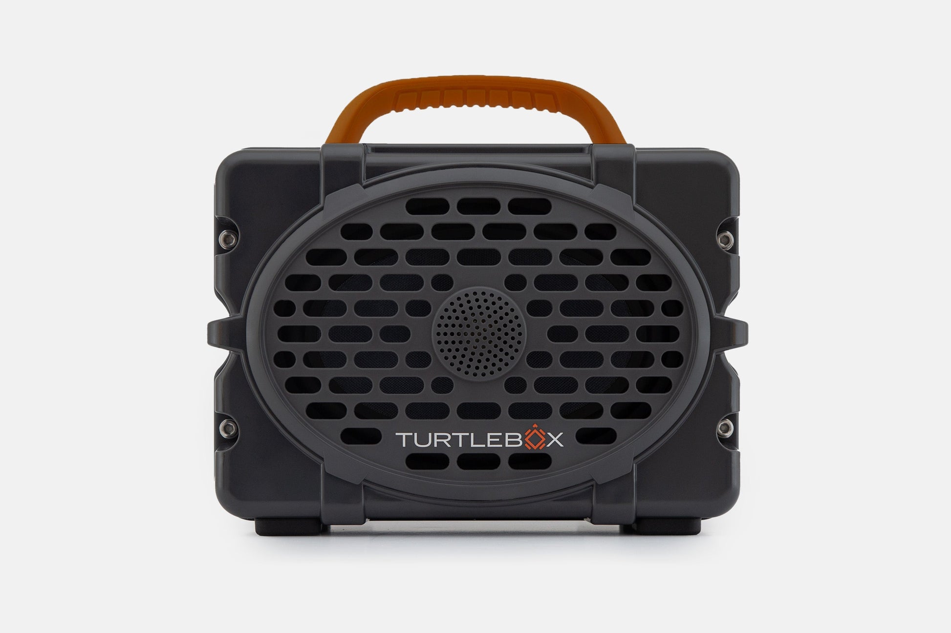 Turtlebox Original speaker in gray with burnt orange handle no-gallery
