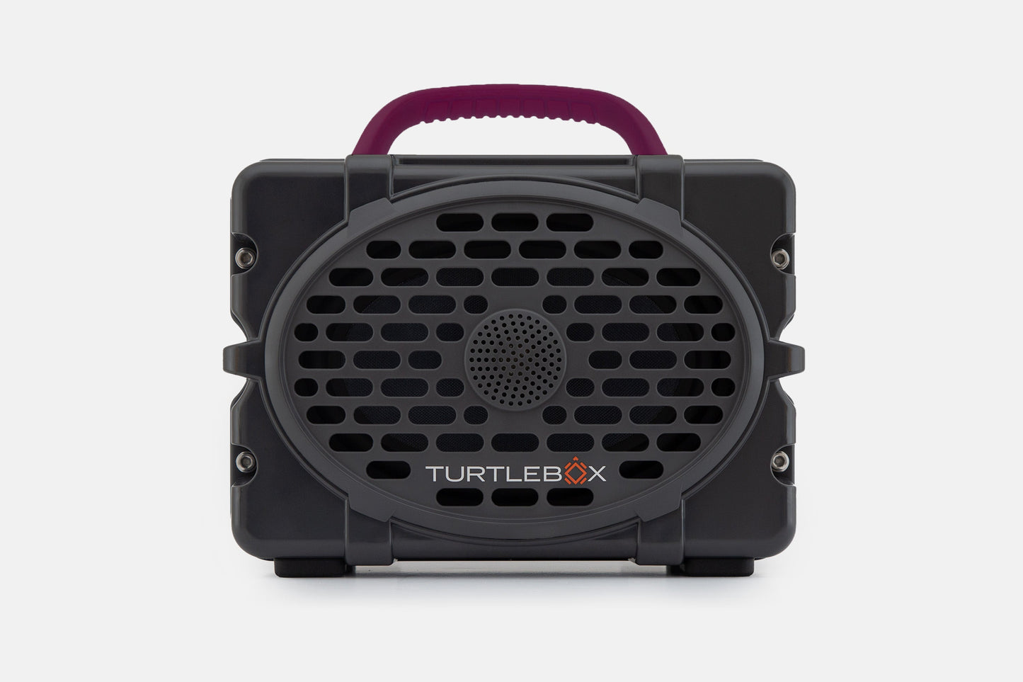 Turtlebox Original speaker in gray with maroon handle no-gallery