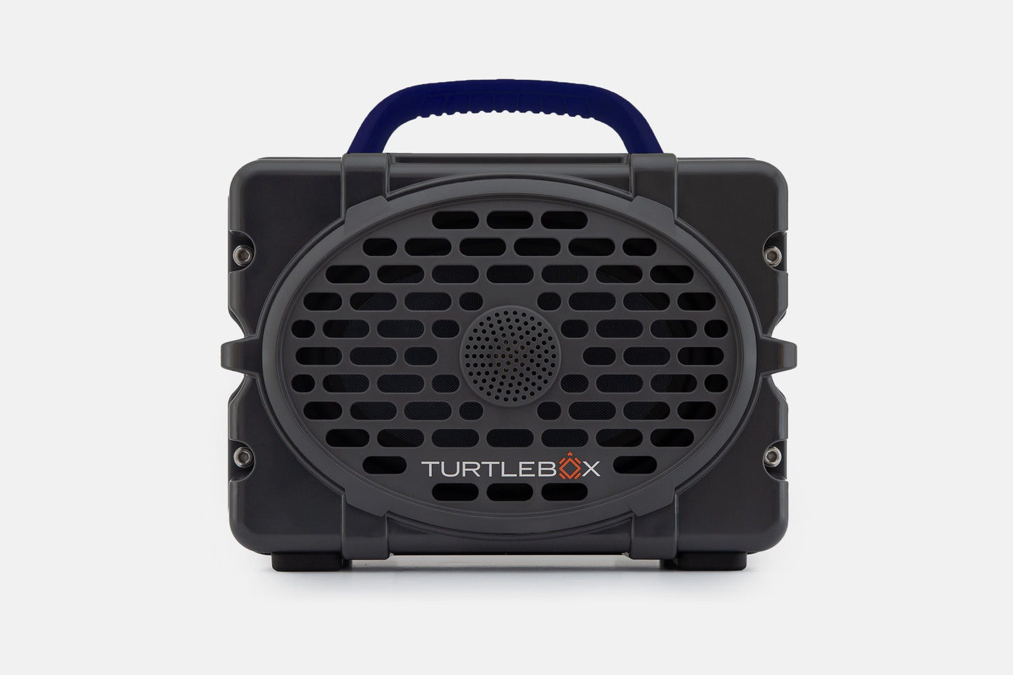 Turtlebox Original speaker in gray with navy handle no-gallery