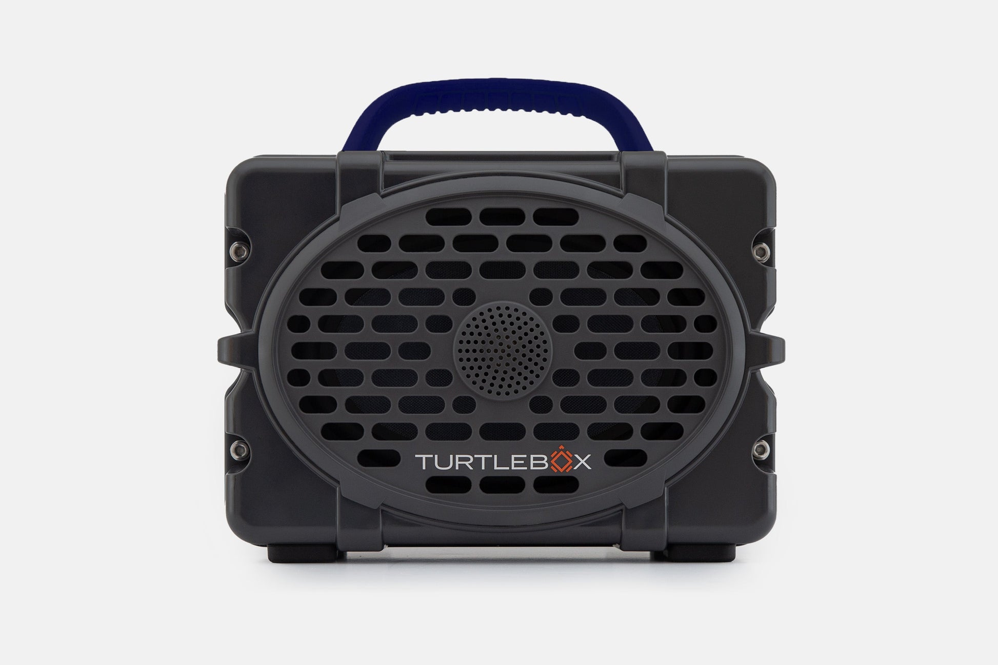 Turtlebox Original speaker in gray with navy handle no-gallery