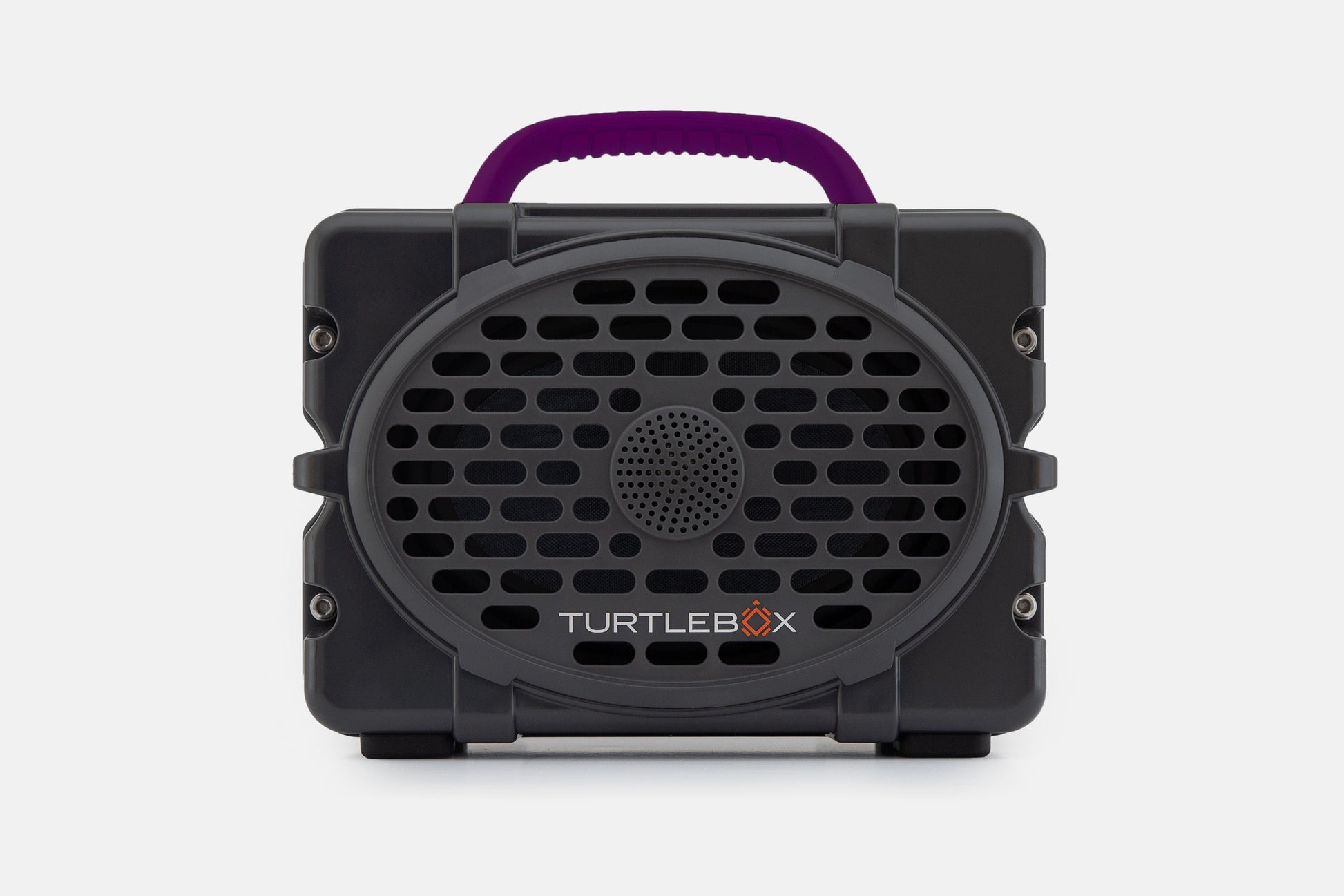 Turtlebox Original speaker in gray with purple handle no-gallery