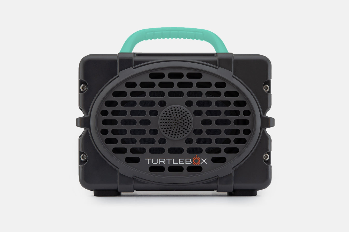 Turtlebox Original speaker in gray with teal handle no-gallery