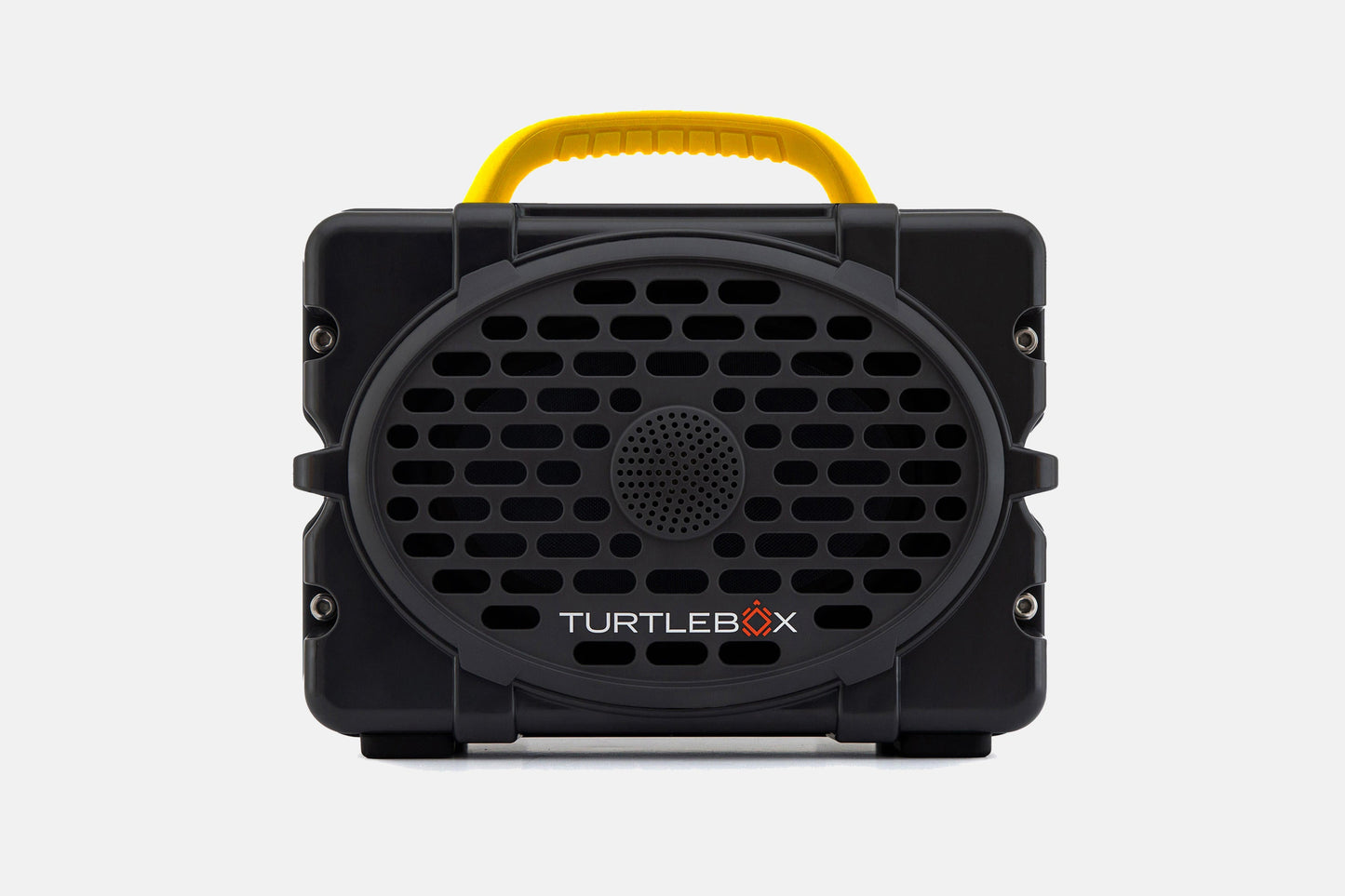 Turtlebox Original speaker in gray with yellow handle no-gallery