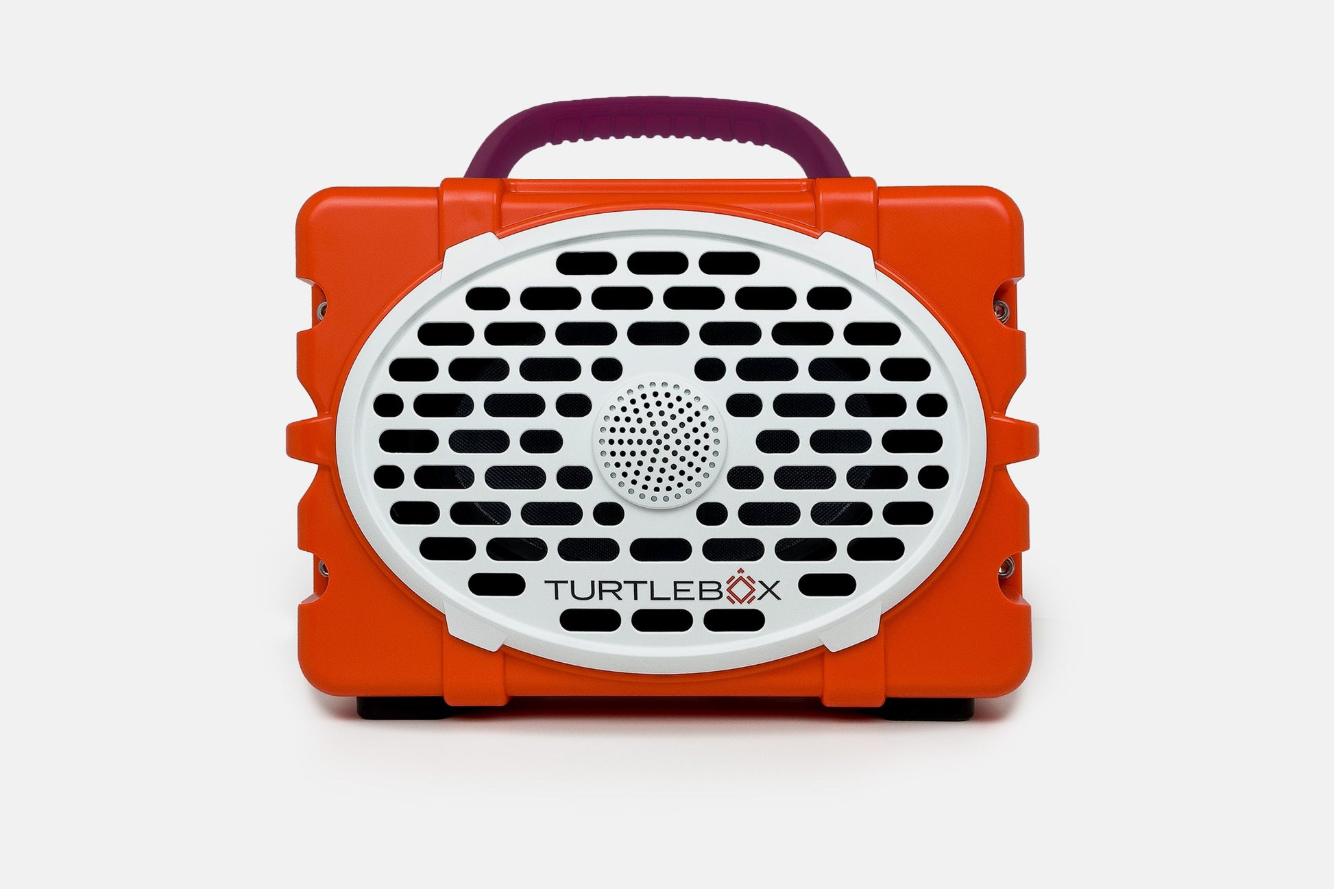Turtlebox Original speaker in orange with maroon handle no-gallery
