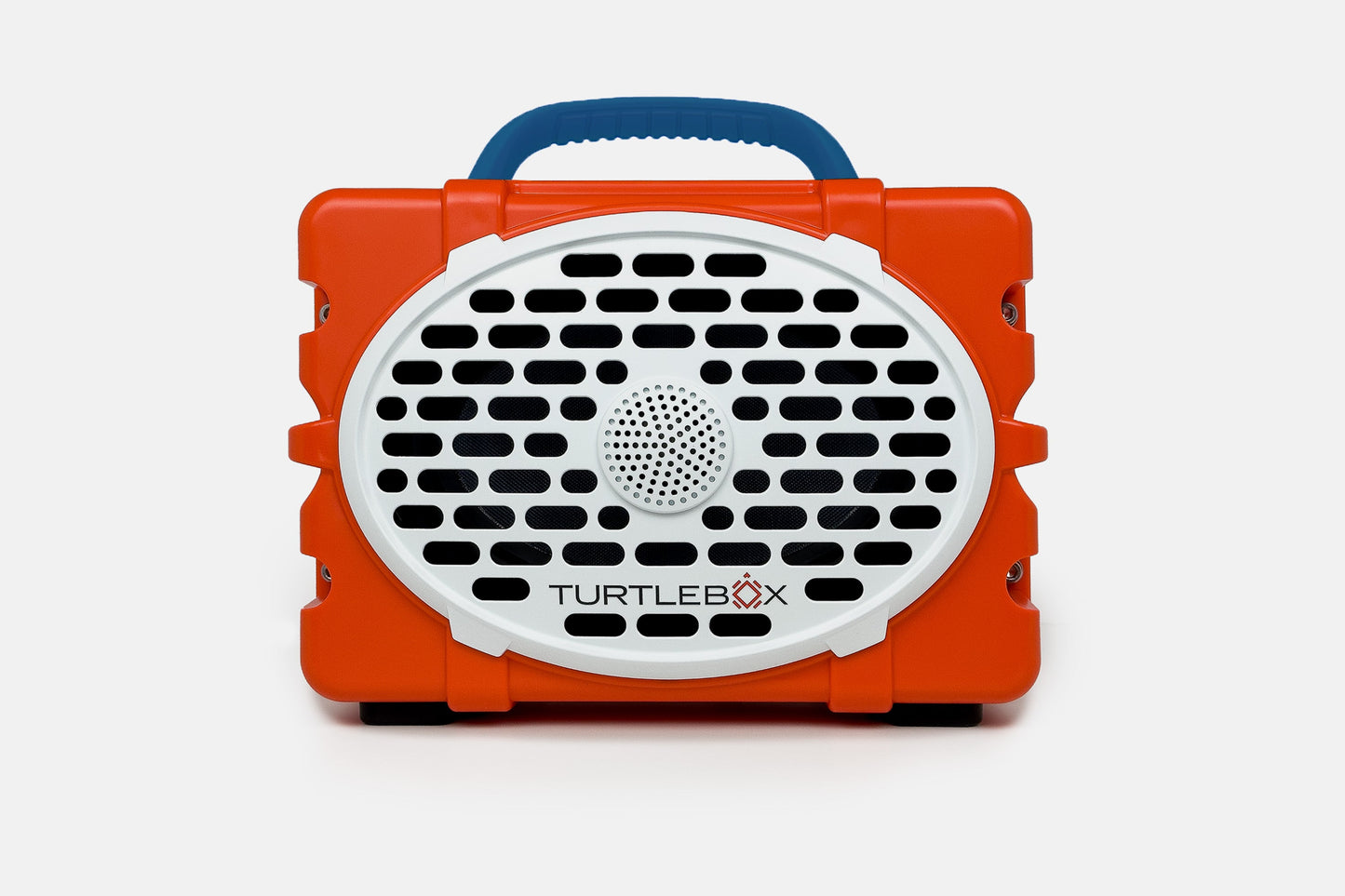 Turtlebox Original speaker in orange with royal blue handle no-gallery
