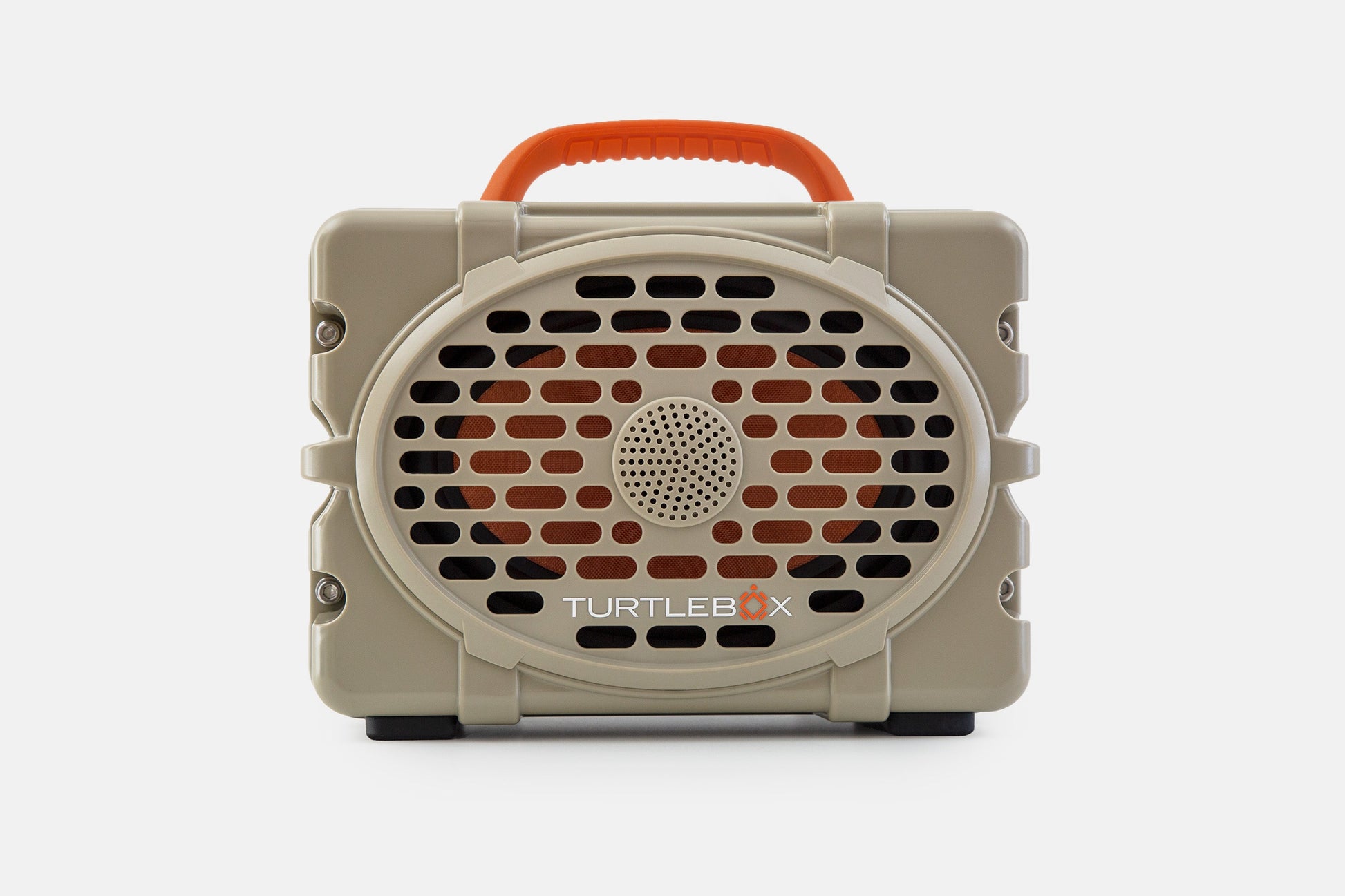 Turtlebox Original speaker in tan with blaze orange handle no-gallery