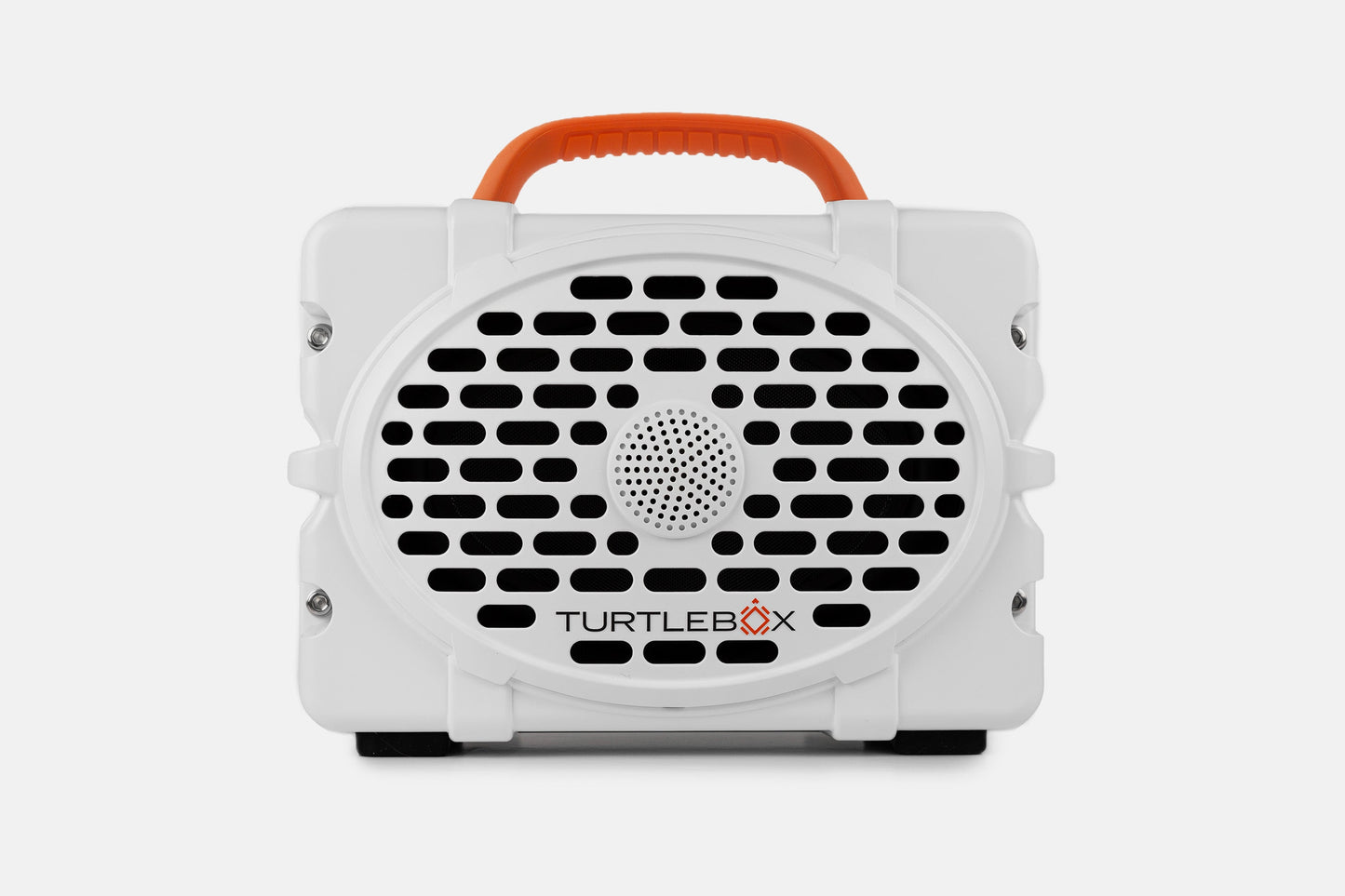 Turtlebox Original speaker in white with blaze orange handle no-gallery